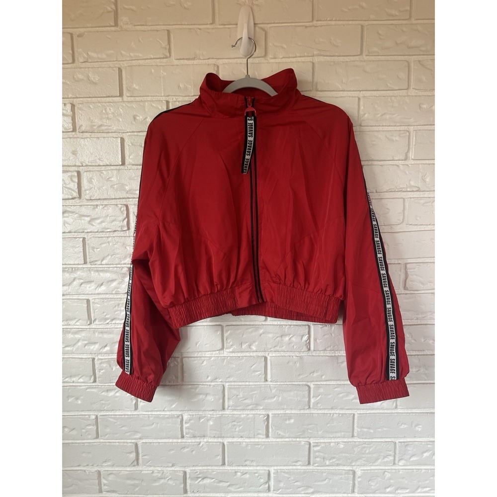 Iris Red Cropped Womens Full Zip Bomber Windbreaker Size L Savage Light Hip Hop